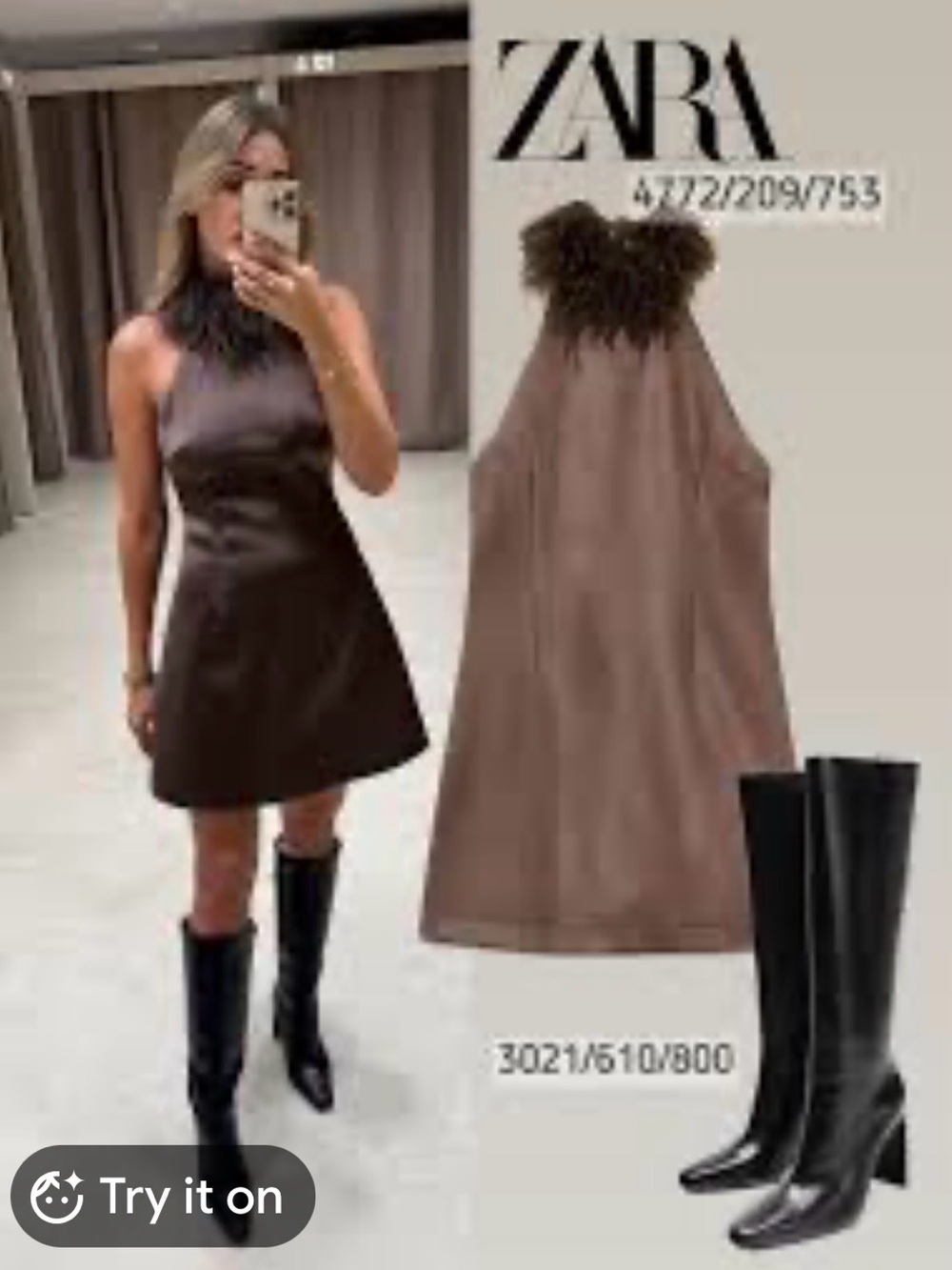ZARA Brown Mini Dress with Feather-Trim High Neck